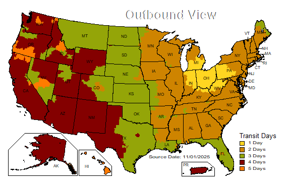 UPS Ground transit time map from PV Euro Market